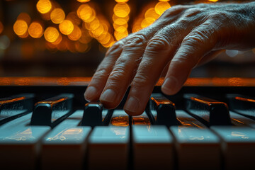 Poster - The rhythmic tapping of a pianist's fingers on the keys in a quiet concert hall. Concept of musical calm and focus.