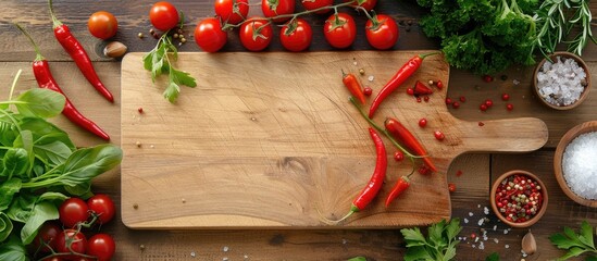 Sticker - top view of cutting boards cherry tomatoes fresh greens chili peppers salt garlic and spices. Copy space image. Place for adding text and design