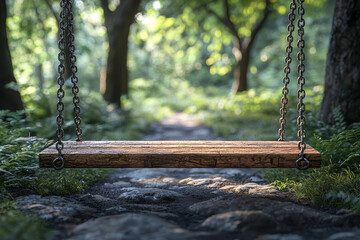 Wall Mural - The rhythmic creaking of a wooden swing as it moves back and forth. Concept of simple joys and peaceful moments.