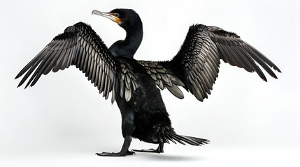 A glossy black cormorant drying its wings on a white background with copy space, beak pointed