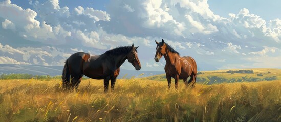 Canvas Print - Two stunning horses feeding in a meadow. Copy space image. Place for adding text and design