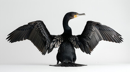 A glossy black cormorant drying its wings on a white background with copy space, beak pointed