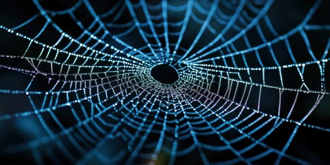 Detailed close-up of a spider's web broken glass with a central hole