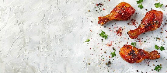 Wall Mural - Chicken legs coated with soy sauce black sesame chili pepper and thyme on a light table closeup Copyspace available