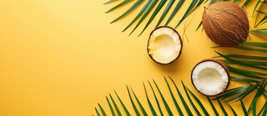 Wall Mural - Palm leaves and a coconut on a yellow background Flat lay with copy space