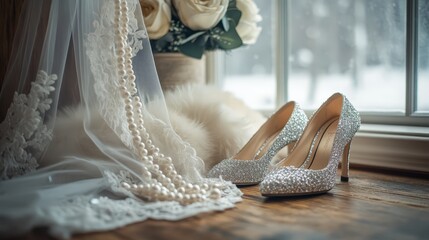 Elegant winter wedding accessories displayed on a rustic wooden table with soft natural light and snow outside, featuring a lace veil, pearl earrings, fur stole, and sparkly silver heels