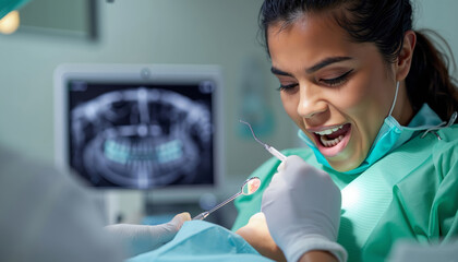 A woman in a dentist's chair looking at an x-ray image of her teeth