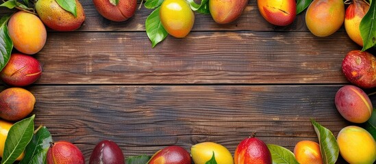 Wall Mural - Mango and mangosteen Fresh tropical fruits Set against a wooden background Top view Copyspace