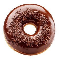 Wall Mural - A tempting chocolate donut, adorned with shiny icing, displayed on a white background, emphasizing its delicious allure 