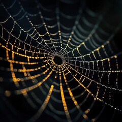 Detailed close-up of a spider's web broken glass with a central hole
