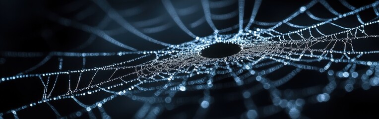 Detailed close-up of a spider's web broken glass with a central hole