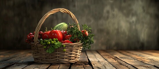 Poster - Fresh organic vegetable basket on a wooden floor with copy space still life