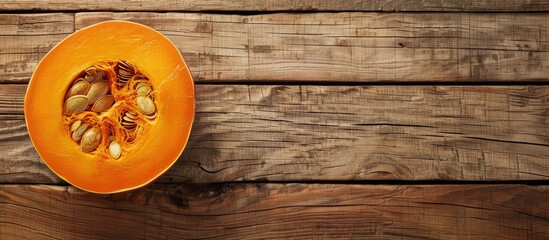 Wall Mural - Half of an orange pumpkin is positioned on a wooden surface in a flat lay view This top view captures the fresh squash on a rustic wooden table It represents a seasonal dieting vegetarian cuisine the