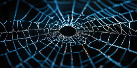 Detailed close-up of a spider's web broken glass with a central hole