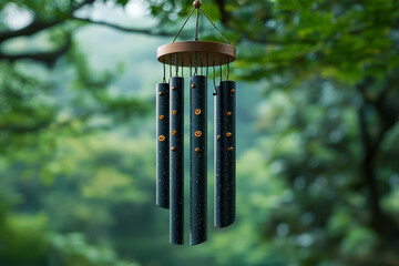 Poster - a wind chime gently swaying and producing soft melodies in the breeze. concept of soothing sounds an