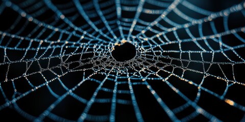 Detailed close-up of a spider's web broken glass with a central hole