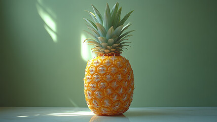 A fresh pineapple in sunlight against a green background