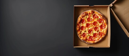 Poster - Pizza in an open cardboard box Pizzeria restaurant menu Vertical orientation dark background. Copy space image. Place for adding text and design