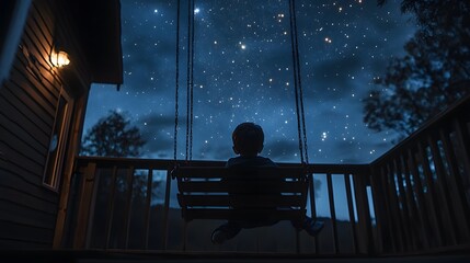 Wall Mural - a child sitting on a porch swing rocking slowly while staring at the starry sky above.