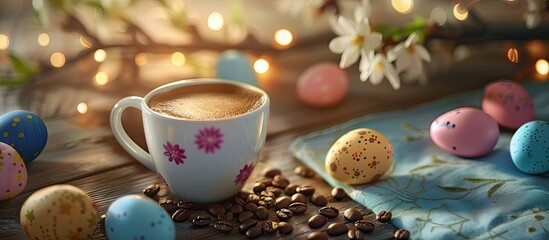 Wall Mural - Coffee cup Coffee cup with beans on the kitchen table Coffee cup and a background of Easter eggs. Copy space image. Place for adding text and design