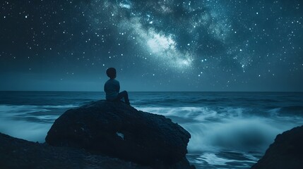 Wall Mural - a child sitting on a rock near the ocean watching the stars and listening to the waves crash below.
