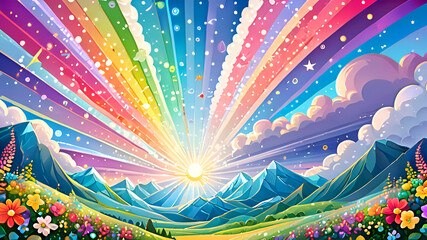 A rainbow-ideal world where the sun always shines, stars burn in the sky and smooth balanced lines create mountains, rivers, meadows and clouds Flowers, rays, bokeh Magic background, wallpaper, banner