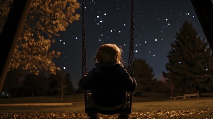 Wall Mural - a child sitting on a swing in a darkened park gazing up at the stars with a quiet sense of wonder.