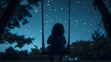 Wall Mural - a child sitting on a swing in a quiet park at night staring up at the starry sky above.