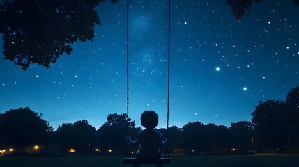Wall Mural - a child sitting on a swing in a quiet park at night staring up at the starry sky above.