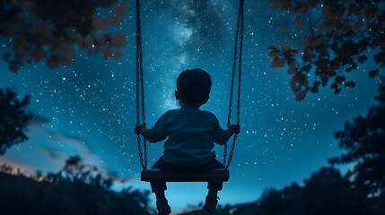 Wall Mural - a child sitting on a swing in a quiet park at night staring up at the starry sky above.