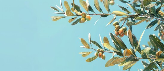 Wall Mural - Olive tree branches with leaves and fruit set against a blue sky. Copy space image. Place for adding text and design