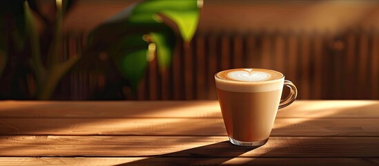 Wall Mural - Cup of coffee with milk on a dark background Hot latte or cappuccino made with milk on a wooden table featuring copy space