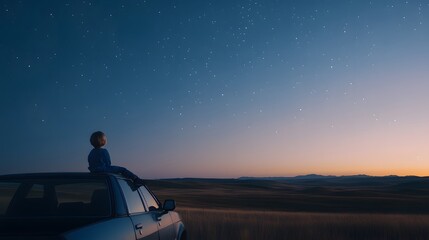Wall Mural - a child sitting on the hood of a car in a wide-open field gazing at the stars in awe as the wind blo