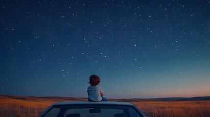 Wall Mural - a child sitting on the hood of a car in a wide-open field gazing at the stars in awe as the wind blo