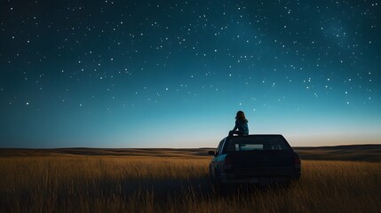 Wall Mural - a child sitting on the hood of a car in a wide-open field gazing at the stars in awe as the wind blo