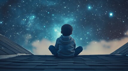 Wall Mural - a child sitting on the roof of a house looking up at the twinkling stars and distant planets.