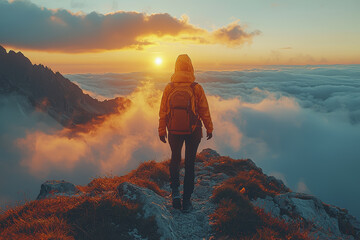 Poster - A person reaching the summit of a mountain, their face lit up with a sense of accomplishment and wonder. Concept of achievement and natural beauty.