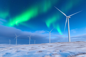 Wind turbines stand tall in a snowy landscape, illuminated by the vibrant Northern Lights, showcasing the blend of renewable energy and natural beauty