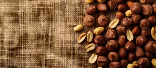 Poster - chocolates with peanuts on a textile background. Copy space image. Place for adding text and design