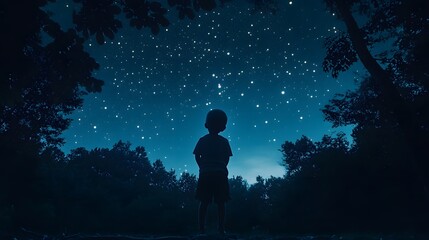Wall Mural - a child standing at the edge of a forest looking up at the clear night sky filled with stars.