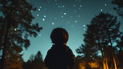 Wall Mural - a child standing at the edge of a forest looking up at the clear night sky filled with stars.