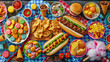 © Another Galaxy - Colorful array of street foods and snacks including hotdogs, macarons, fries, and candy at a picnic setting