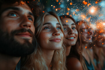 Wall Mural - A group of friends watching fireworks, their faces illuminated with wonder and delight. Concept of celebration and shared moments.