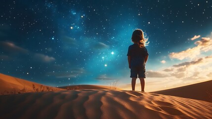 Wall Mural - a child standing on a sandy dune looking up at the star-filled sky with the wind gently blowing thei