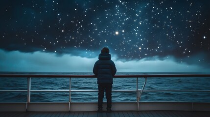Wall Mural - a child standing on the deck of a ship looking out at the horizon with stars filling the sky above.