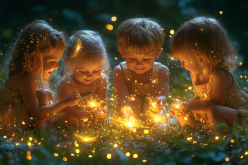 Wall Mural - a group of children catching fireflies on a warm summer night, their laughter mingling with the soft