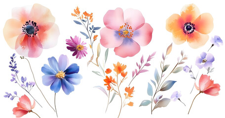 Wall Mural - Set of watercolor flowers paintings, floral vintage bouquet illustrations with wildflowers and leaves. Designer poster, greeting card, birthday card. Isolated on white.