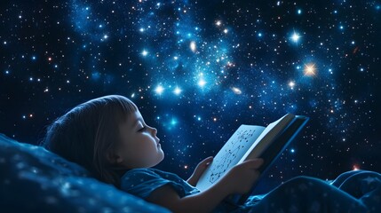 Wall Mural - a child with a notebook sketching constellations while lying under the starry sky.