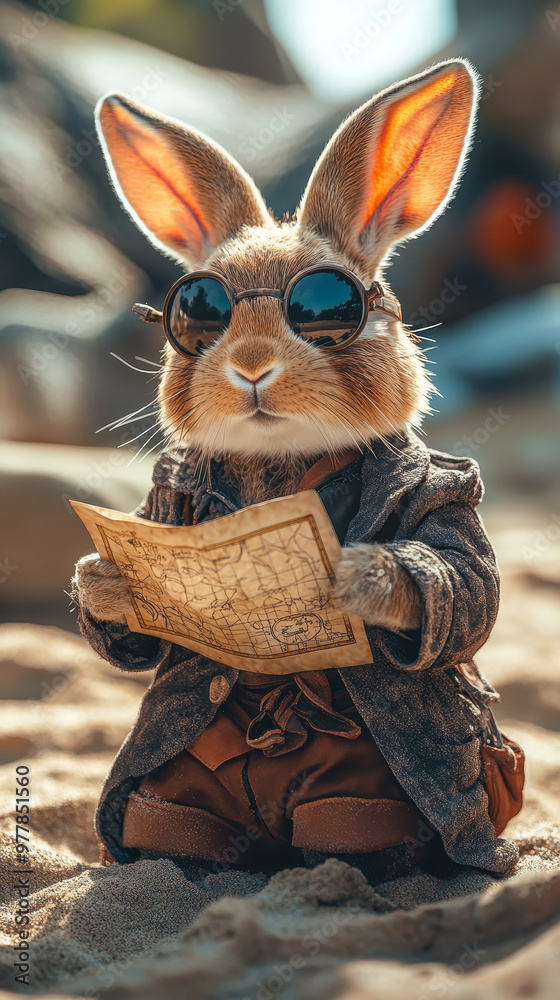 Pirate Rabbit on Tropical Beach with Treasure Map, Adventure Concept ...
