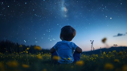 Wall Mural - a child sitting in a meadow arms wrapped around their knees looking up at the stars in quiet reflect